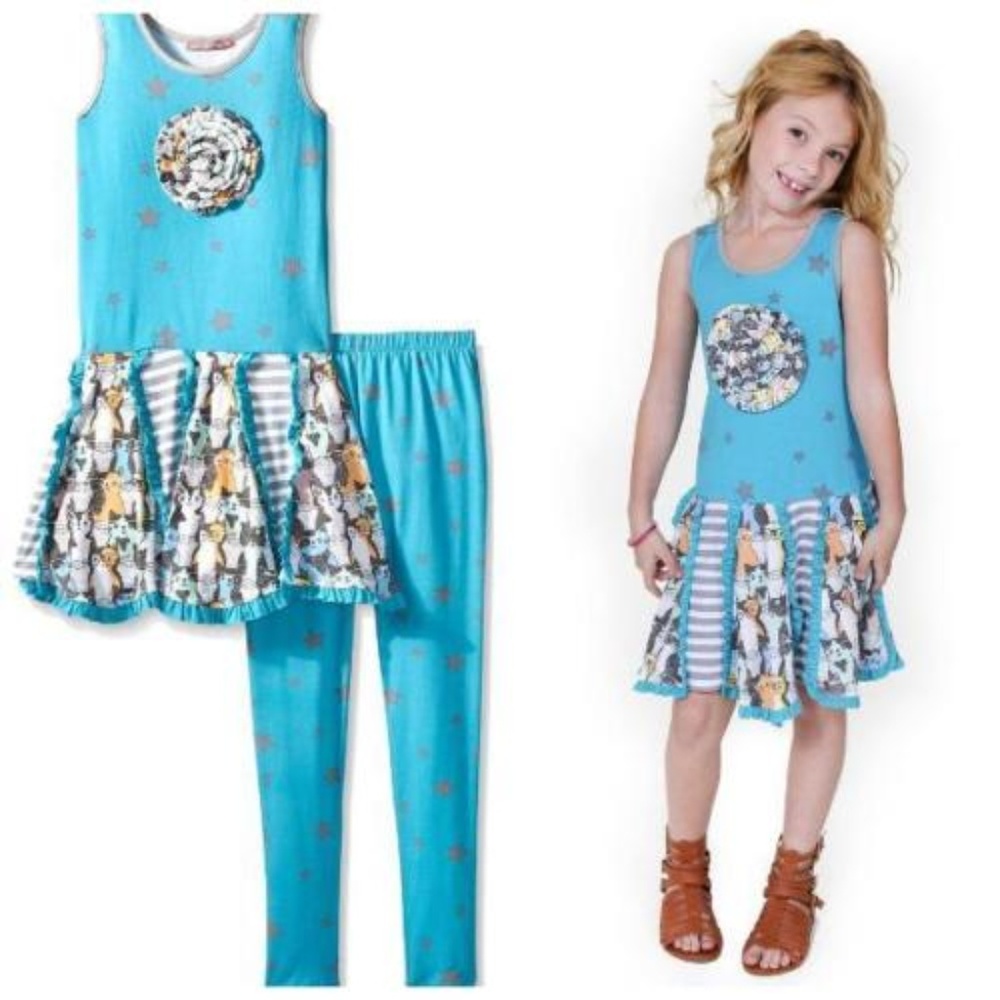 Jelly The Pug Girls Tiered Knit Dress Legging Set Outfit Blue Size 3T Cats Stars